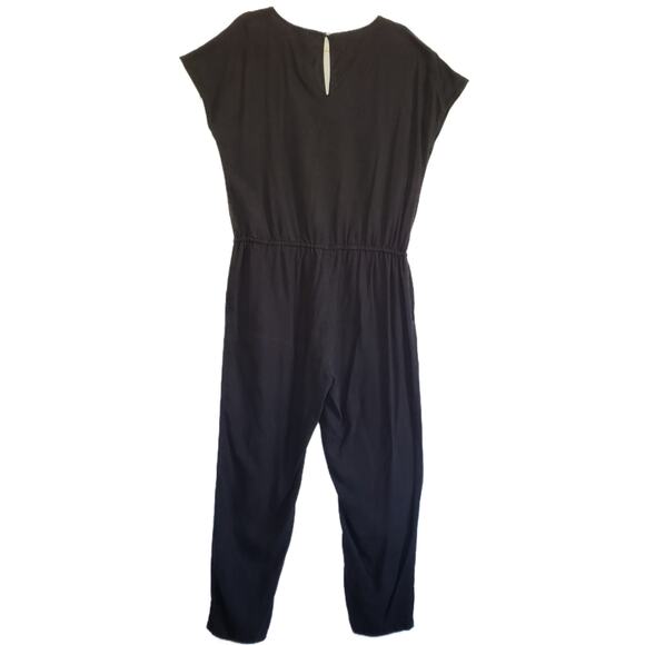 J CREW BLACK LINEN JUMPSUIT CAP SLEEVE V-NECK BACK BUTTON CLOSURE WAIST TIE SZ M - Picture 2 of 5